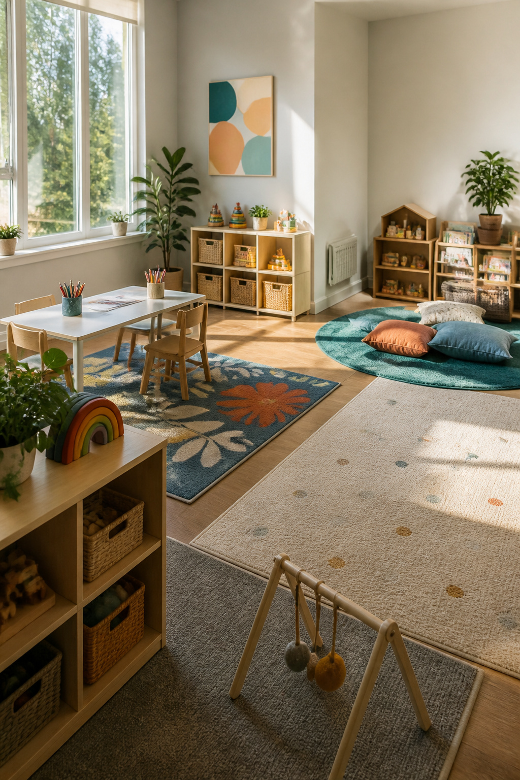 A family room with distinct zones for play, reading, and learning.