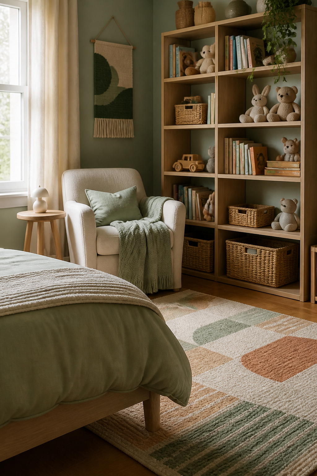 A calming bedroom with a bookshelf and inviting reading corner.