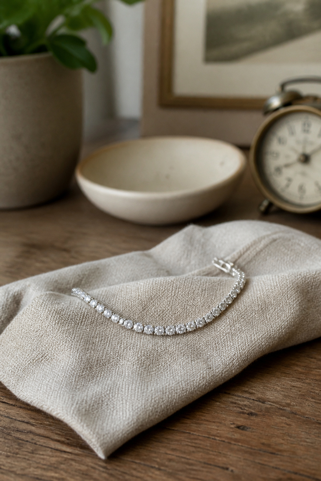 11 Mother's Day Gift Ideas for 2026 2 A tennis bracelet displayed on a textured napkin with a ceramic dish.