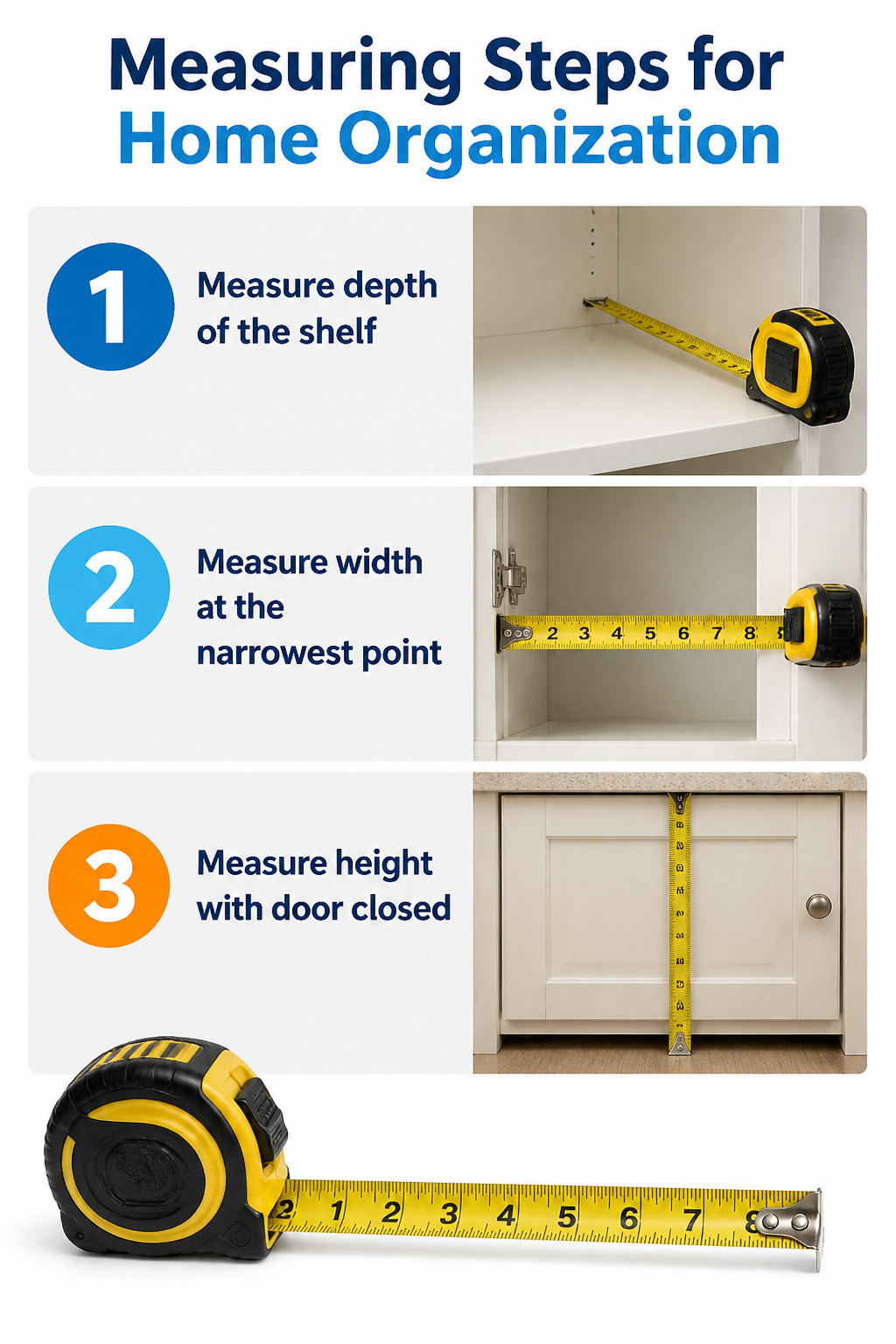 A guide with measuring steps for home organization products.