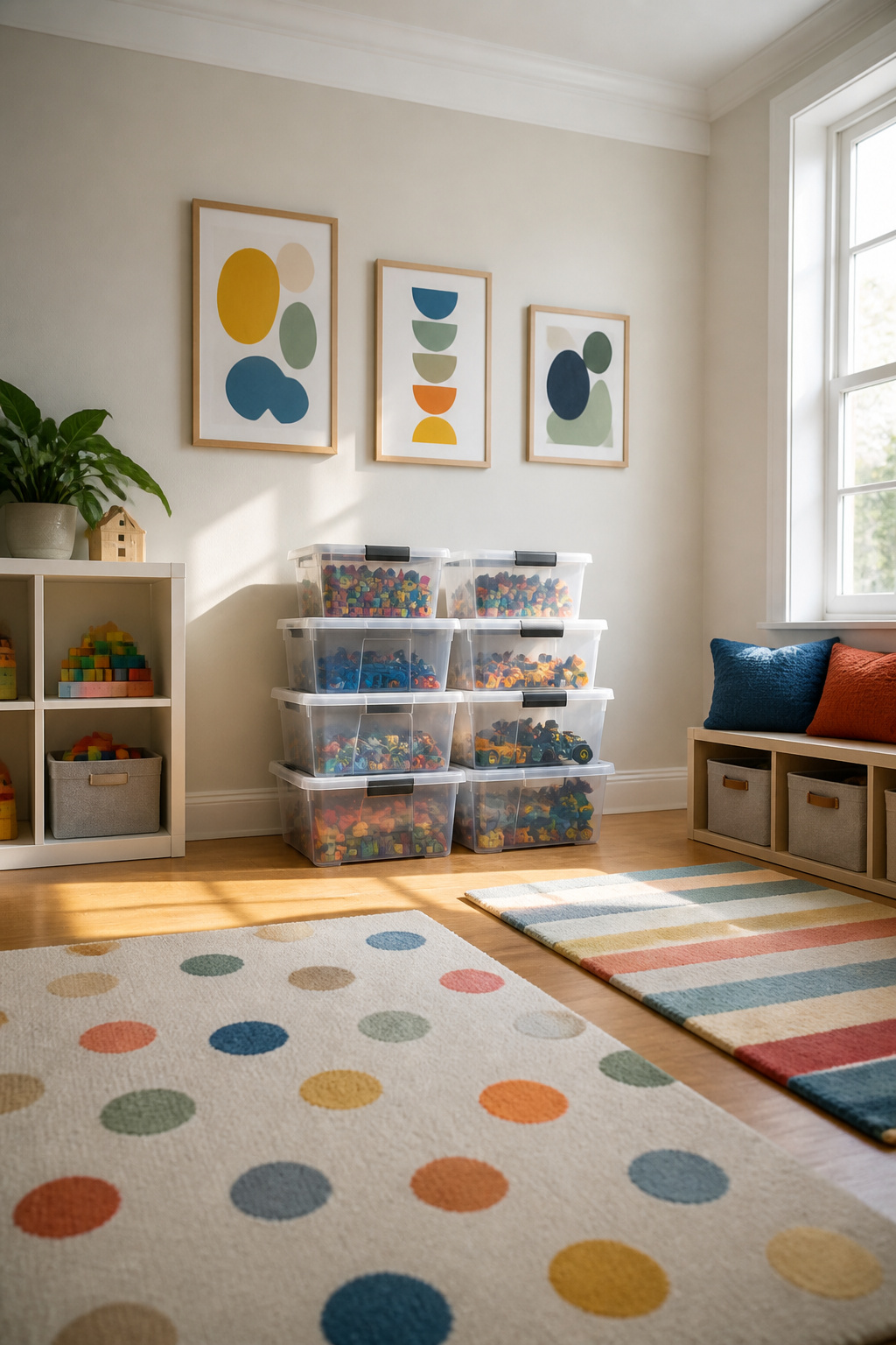 Clear snap-tight latch boxes neatly storing small toys on a shelf.
