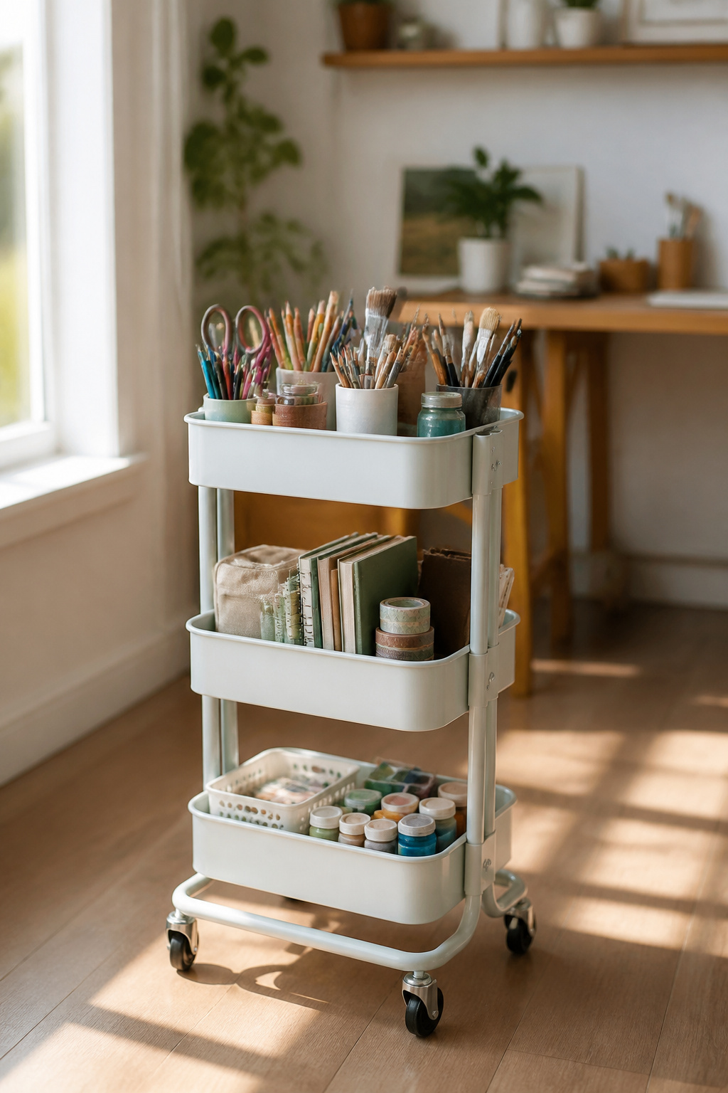 A rolling cart with three tiers holding art supplies in a coat closet.