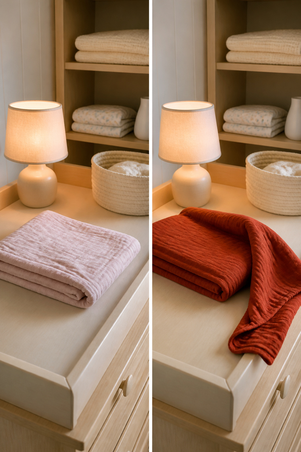 A collection of swaddles laid out for easy access.
