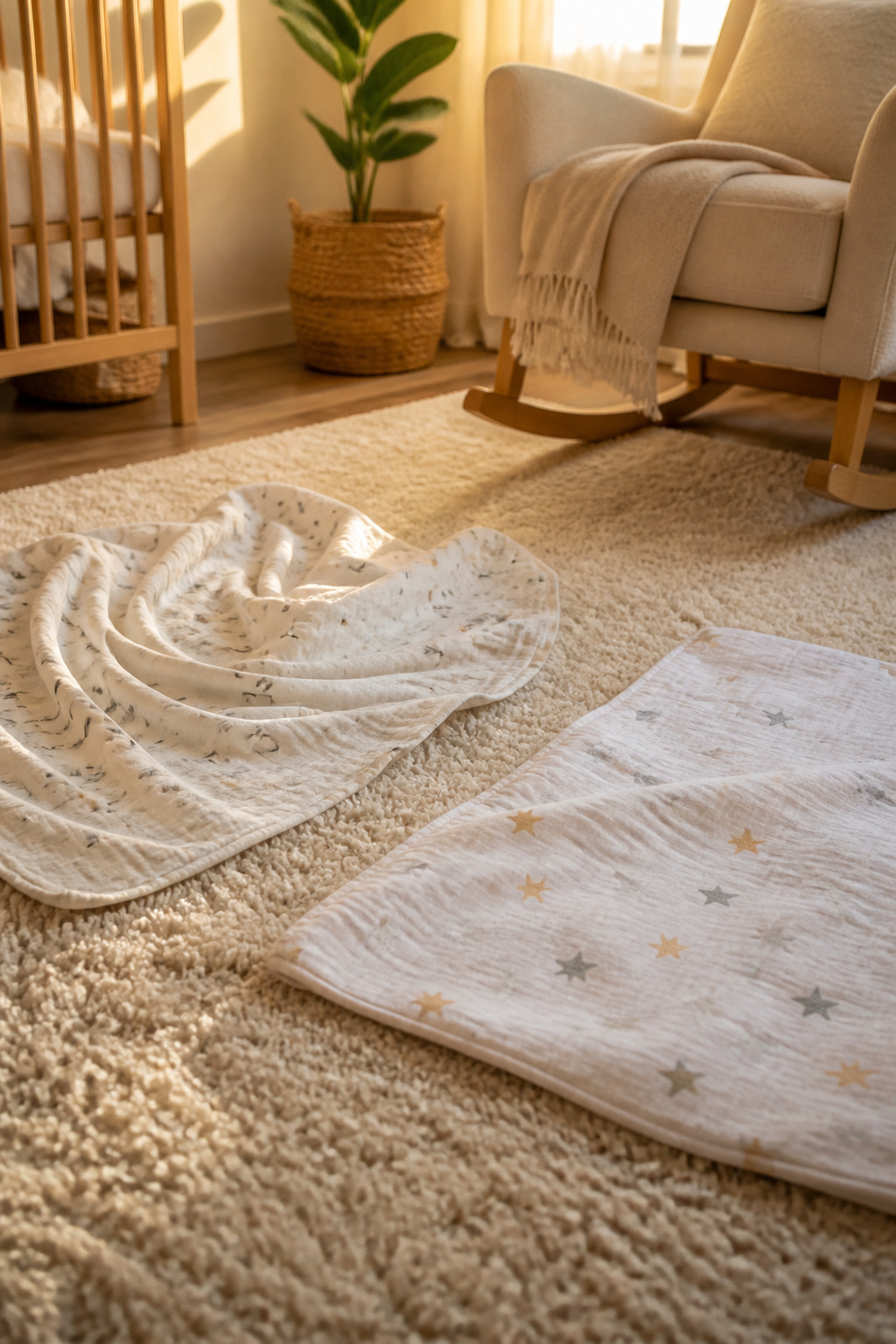 A close-up of two large traditional swaddle blankets on a nursery rug.