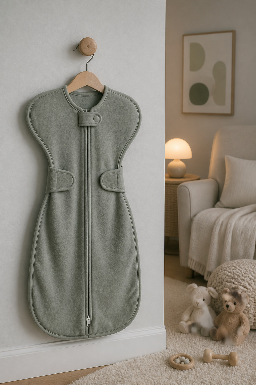 A photo of wearable swaddles featuring zippers and Velcro strips.