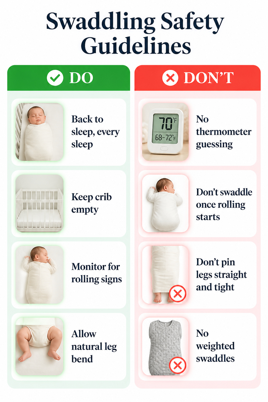 An information image titled 'Swaddling Safety Guidelines'.