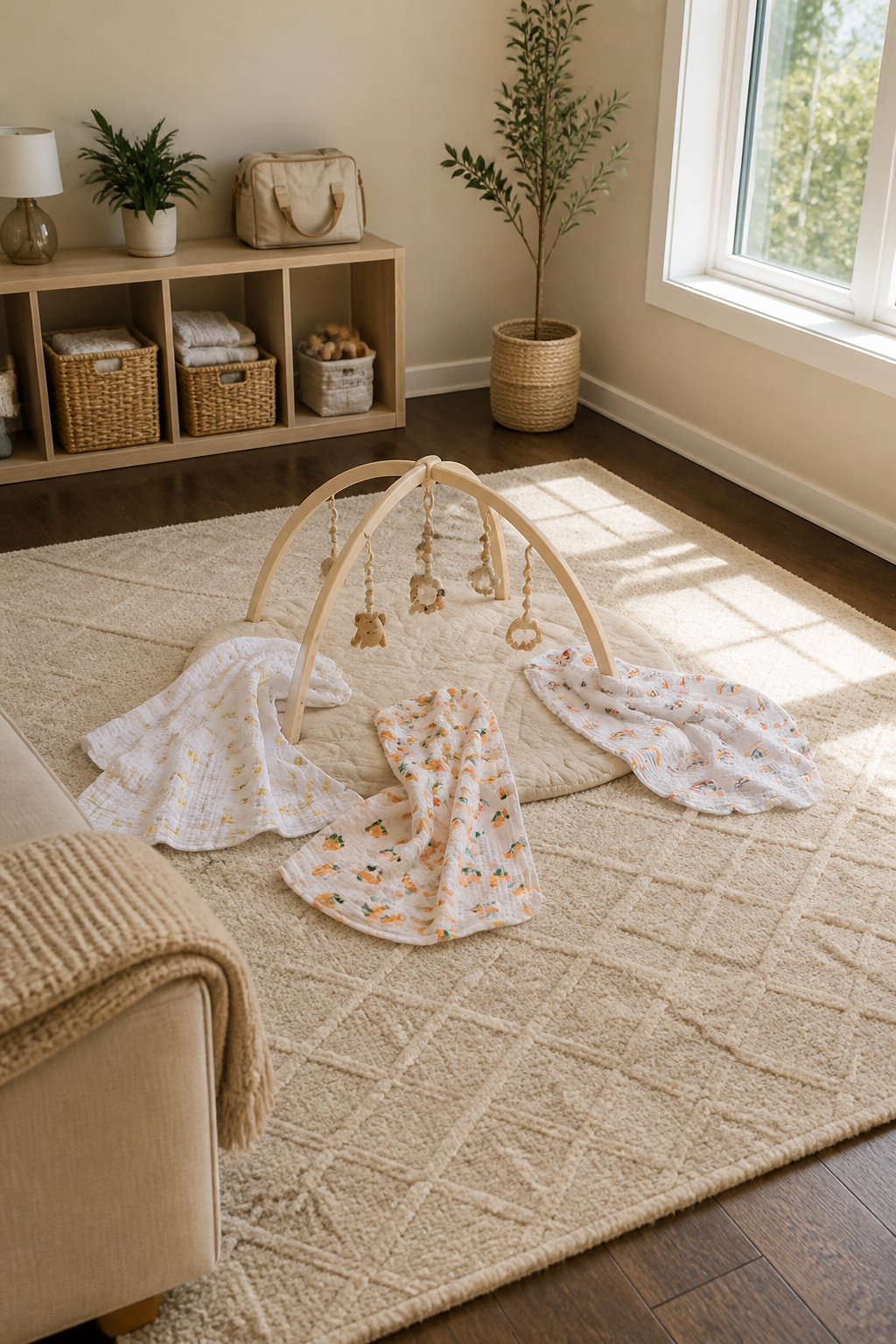 A photo showing various uses of swaddle blankets after swaddling.