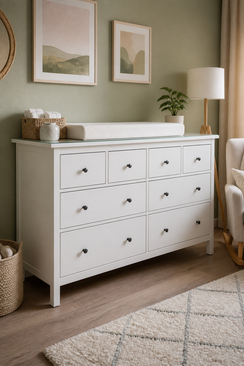 10 IKEA Nursery Ideas for Small Spaces and Tight Budgets (2026) 1 A Hemnes dresser used as a changing table with a foam pad.