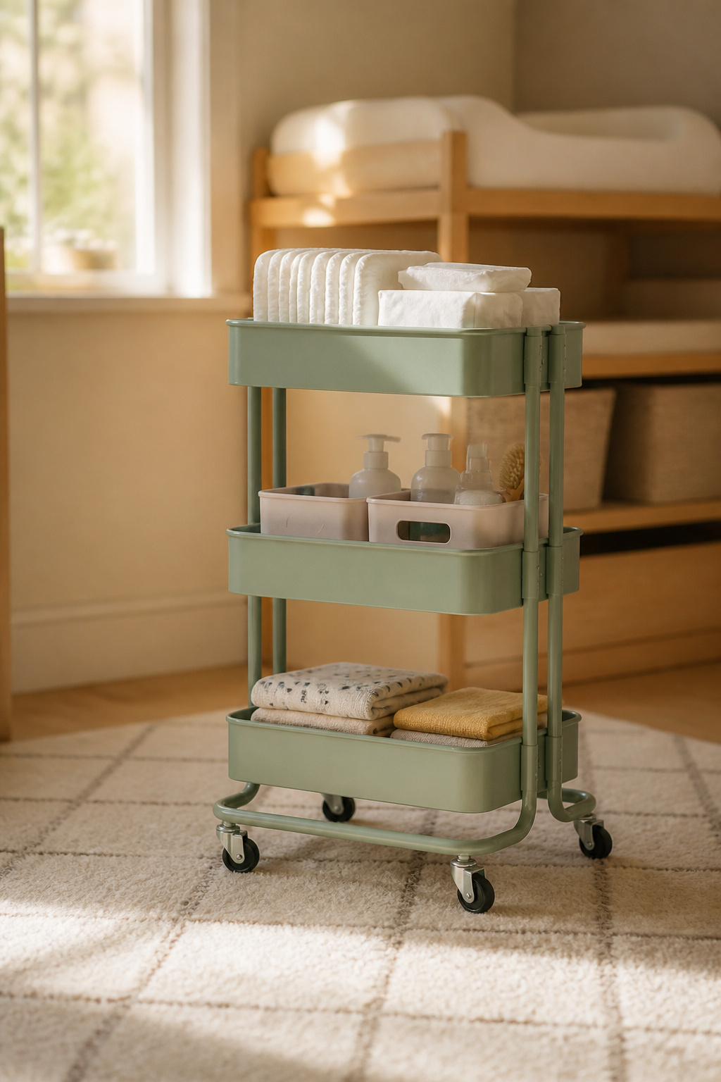 10 IKEA Nursery Ideas for Small Spaces and Tight Budgets (2026) 10 A Råskog cart organized with diapering essentials.