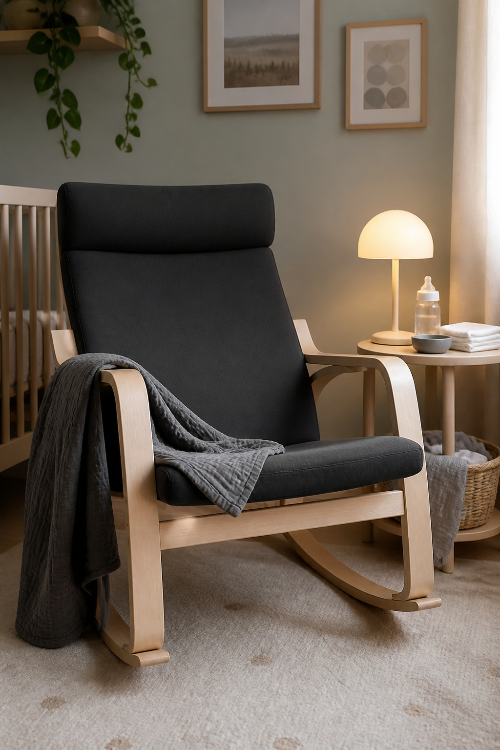 10 IKEA Nursery Ideas for Small Spaces and Tight Budgets (2026) 8 A Poäng rocking chair set up for nursing in a cozy nursery.