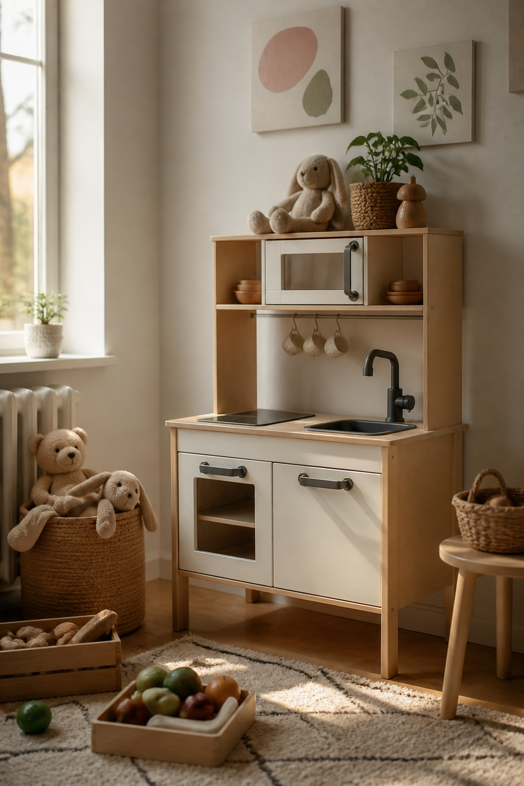 IKEA Play Kitchen Makeover: Seven Steps for a Full Refinish in 2026 10 Remodeled IKEA Duktig kitchen surrounded by toys and artwork.