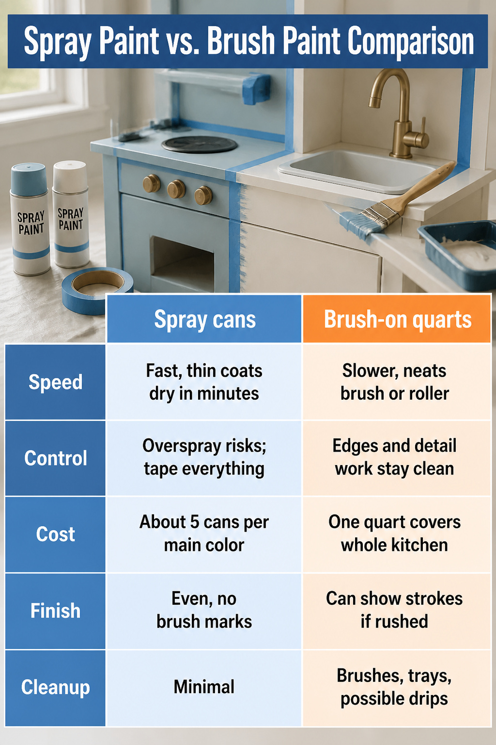 IKEA Play Kitchen Makeover: Seven Steps for a Full Refinish in 2026 11 Table comparing spray paint and brush paint for refinishing.