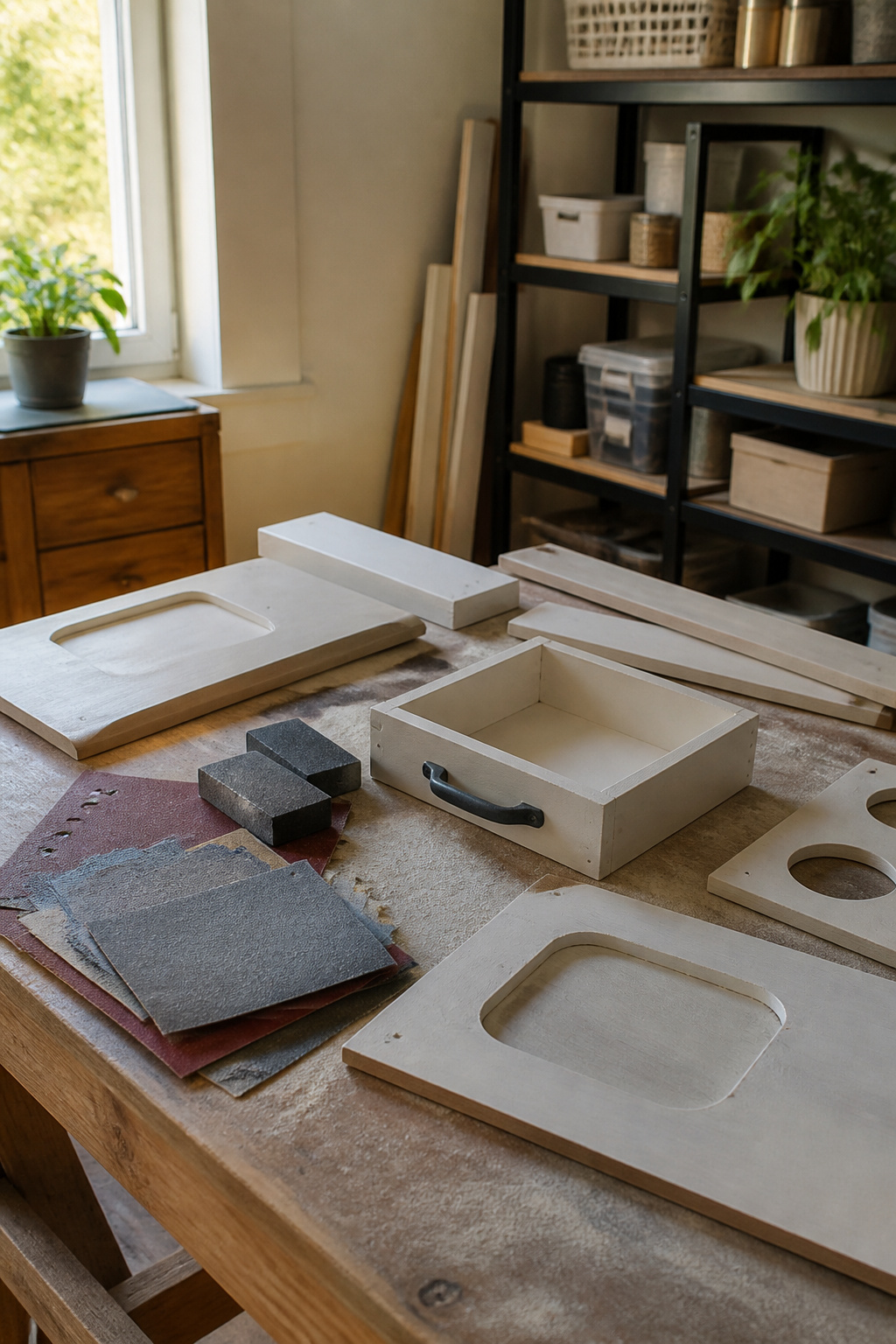 IKEA Play Kitchen Makeover: Seven Steps for a Full Refinish in 2026 2 Sanded pieces of the IKEA kitchen covered in fine dust on a table.