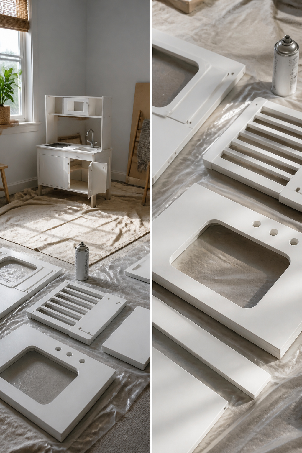 IKEA Play Kitchen Makeover: Seven Steps for a Full Refinish in 2026 3 Cans of primer ready for use on plastic components of the kitchen.