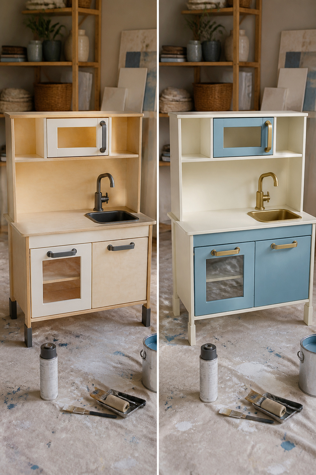 IKEA Play Kitchen Makeover: Seven Steps for a Full Refinish in 2026 4 Painted cabinet faces and spray-painted faucet in the kitchen.