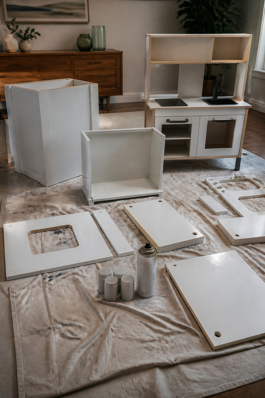 IKEA Play Kitchen Makeover: Seven Steps for a Full Refinish in 2026 5 Newly painted kitchen parts coated in clear sealant on a workbench.