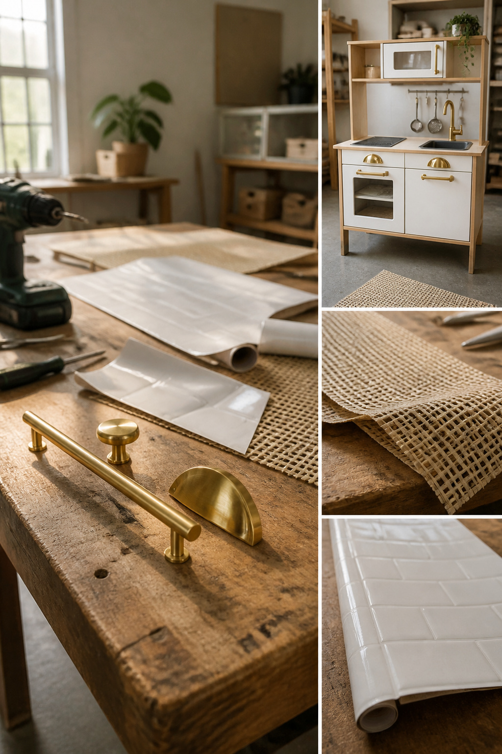 IKEA Play Kitchen Makeover: Seven Steps for a Full Refinish in 2026 6 Satin brass pulls replacing plastic handles on the kitchen doors.