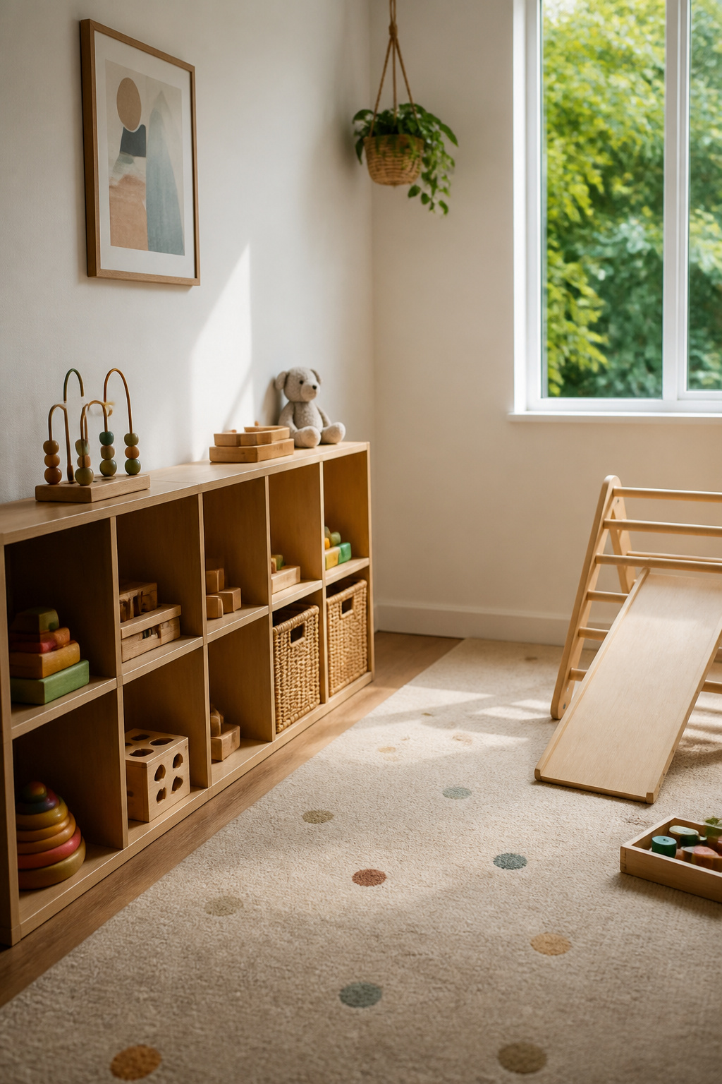 Narrow customized KALLAX shelving unit with toys and books nearby.