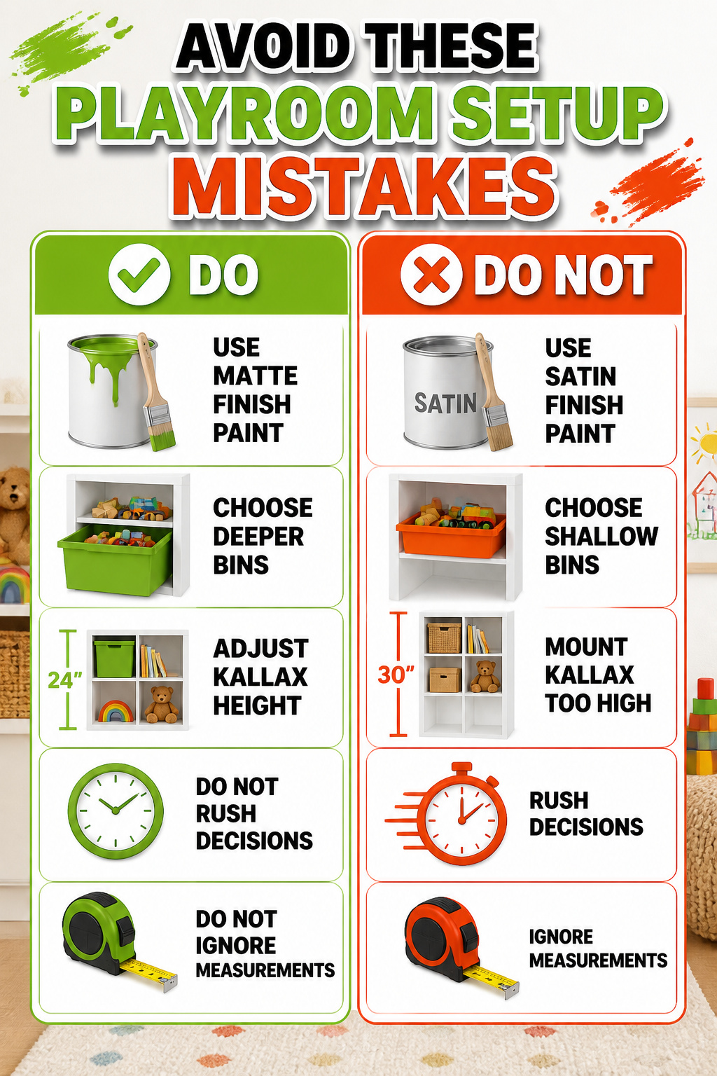 List of mistakes made during playroom setup with lessons learned.