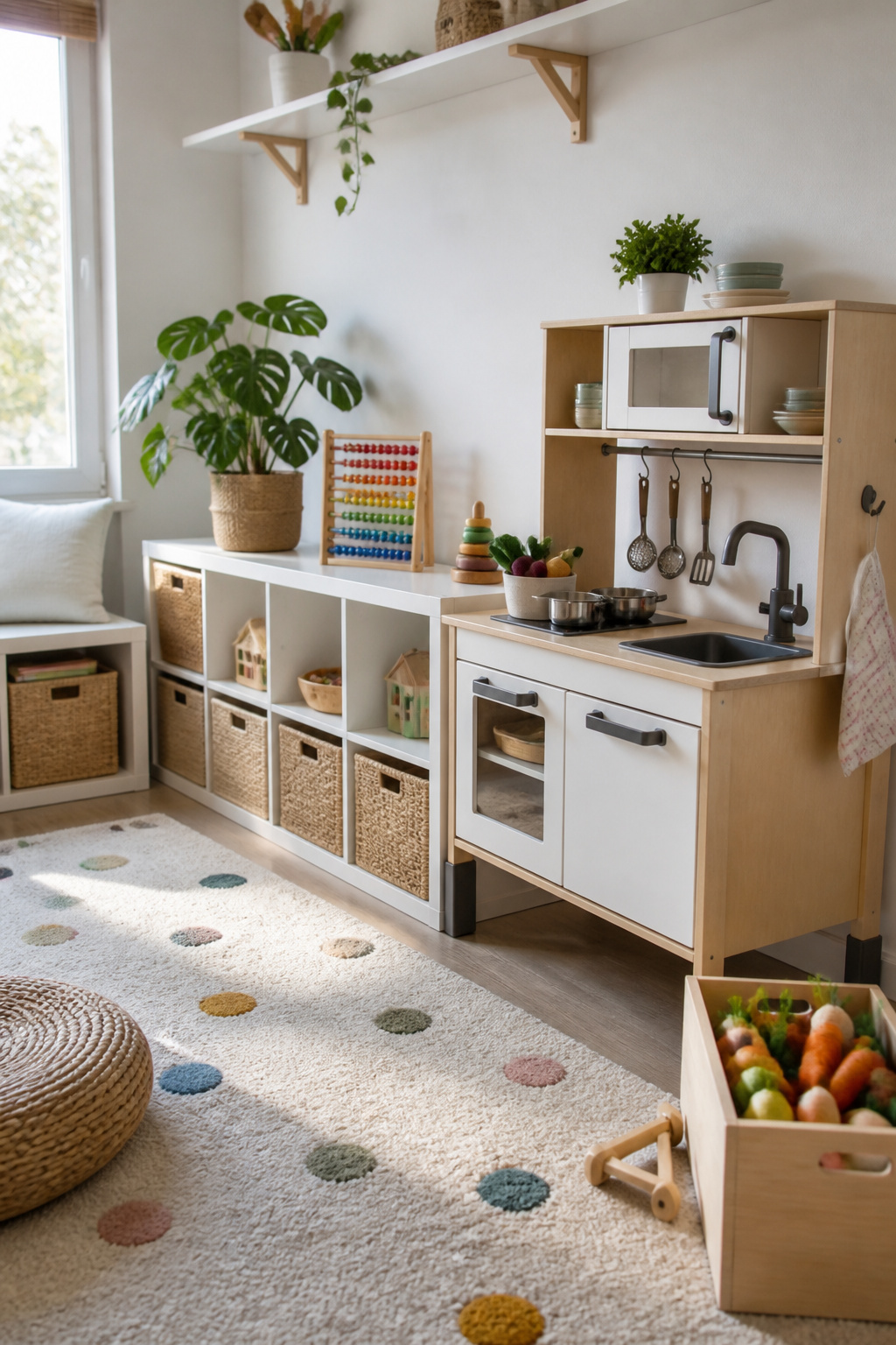 DUKTIG play kitchen with accessories and felt play food in the playroom.