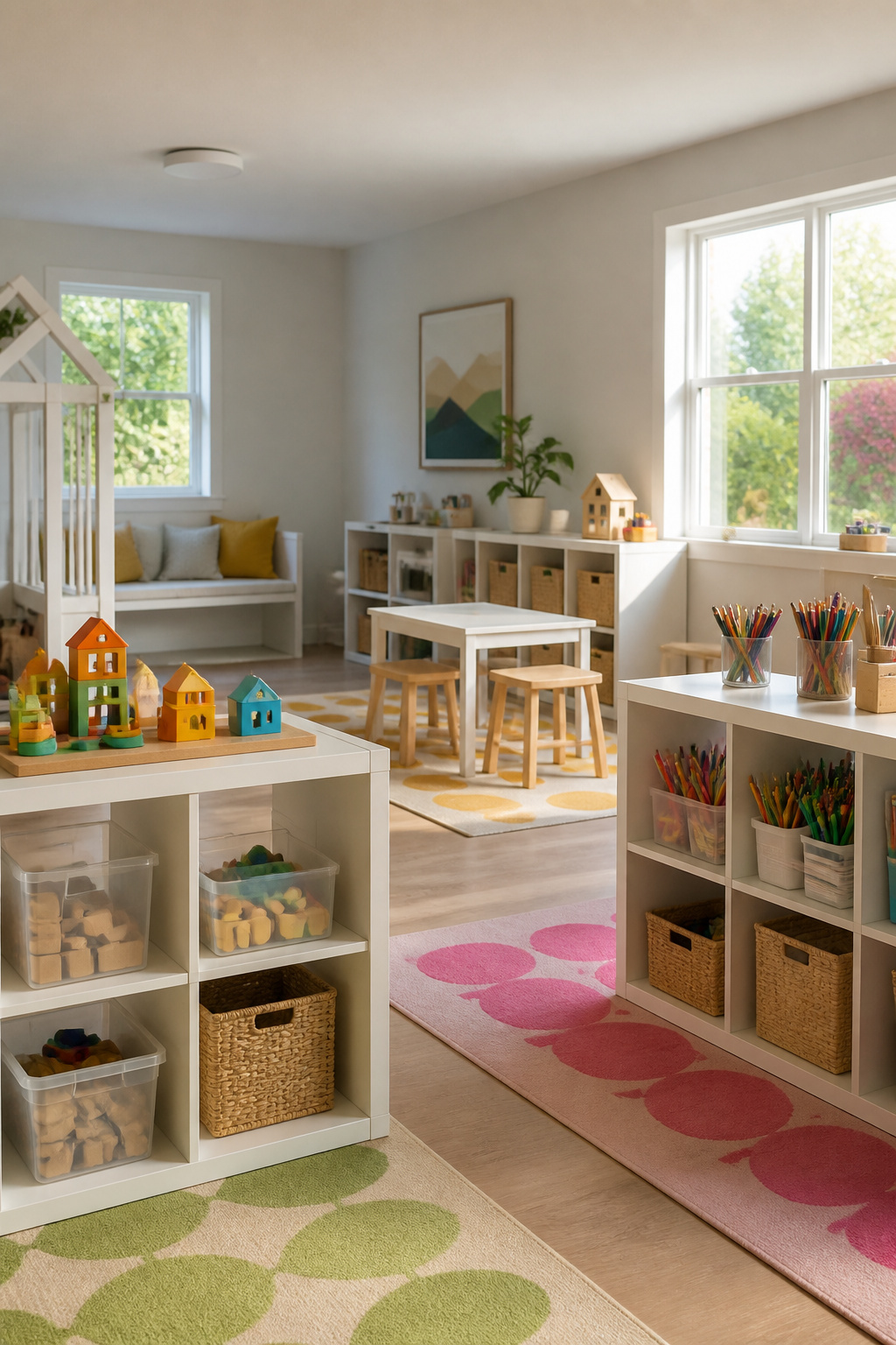 KALLAX units dividing playroom into arts and crafts and building zones.