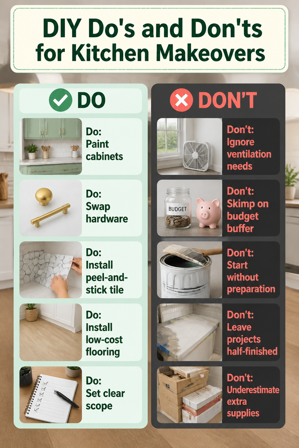 10 Budget Kitchen Makeover Ideas for 2026 12 List of DIY tips for kitchen renovations.