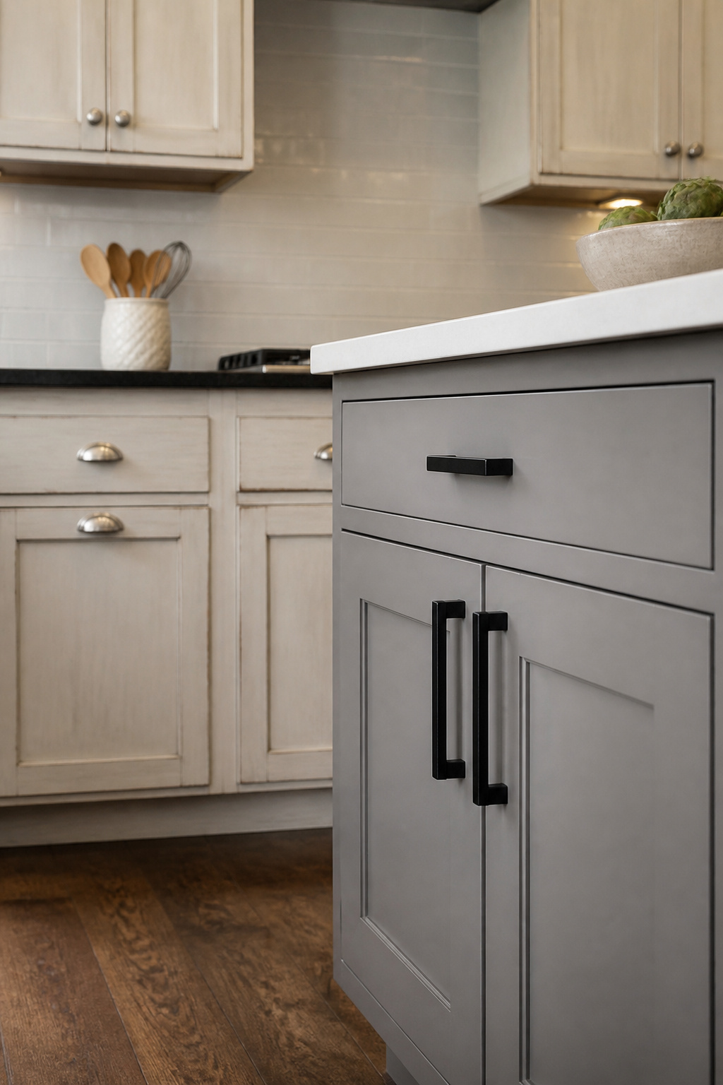 10 Budget Kitchen Makeover Ideas for 2026 2 Close-up of matte black cabinet pulls on gray cabinets.