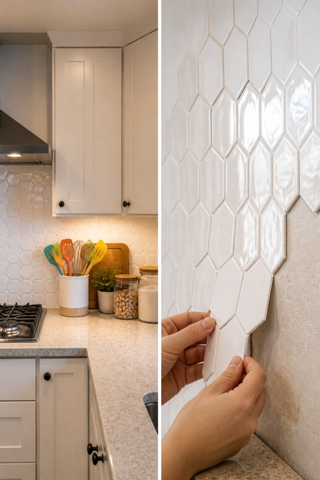 10 Budget Kitchen Makeover Ideas for 2026 3 Hexagon peel-and-stick tiles applied to a kitchen wall.