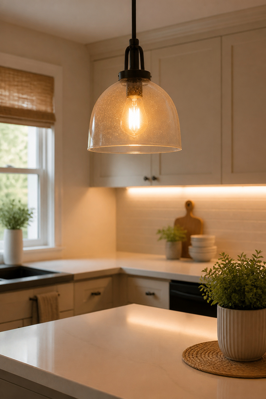 10 Budget Kitchen Makeover Ideas for 2026 4 Modern pendant light fixture hanging over a kitchen island.