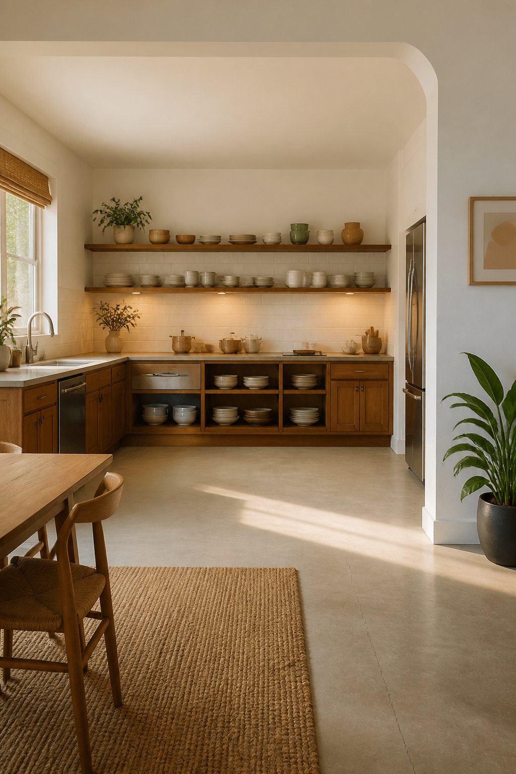 10 Budget Kitchen Makeover Ideas for 2026 5 Wooden open shelves with neatly arranged dishes.