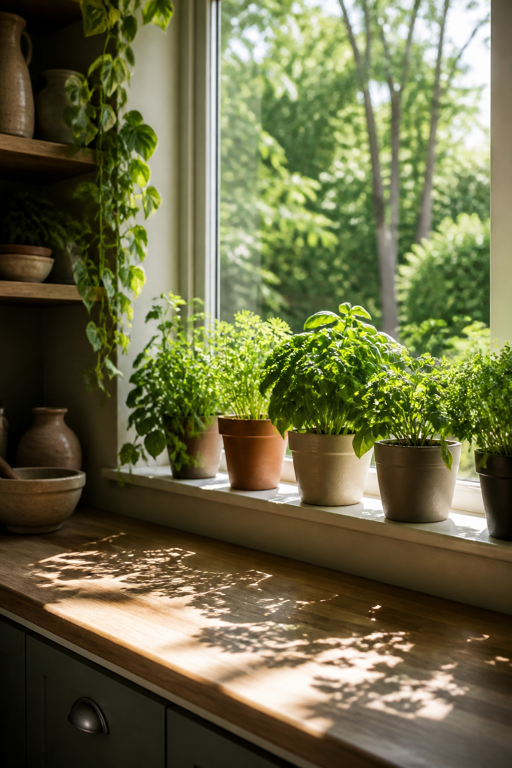 10 Budget Kitchen Makeover Ideas for 2026 7 Herbs in pots arranged on a kitchen windowsill.