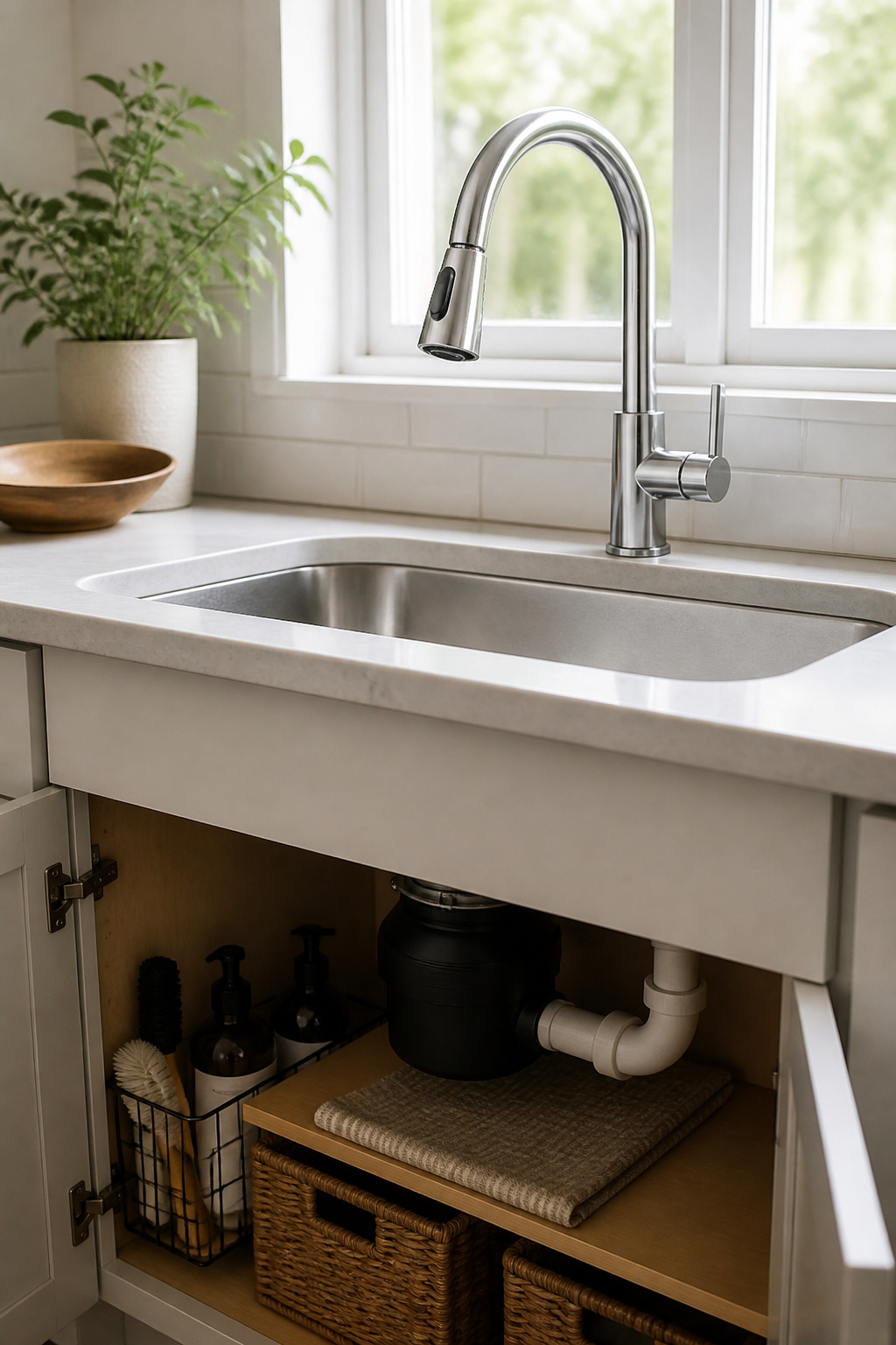10 Budget Kitchen Makeover Ideas for 2026 8 Pull-down faucet installed over a polished kitchen sink.
