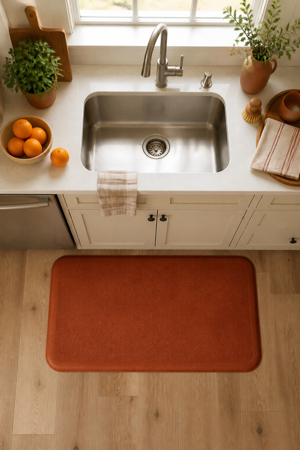 10 Budget Kitchen Makeover Ideas for 2026 9 Washable kitchen rug positioned near a sink.
