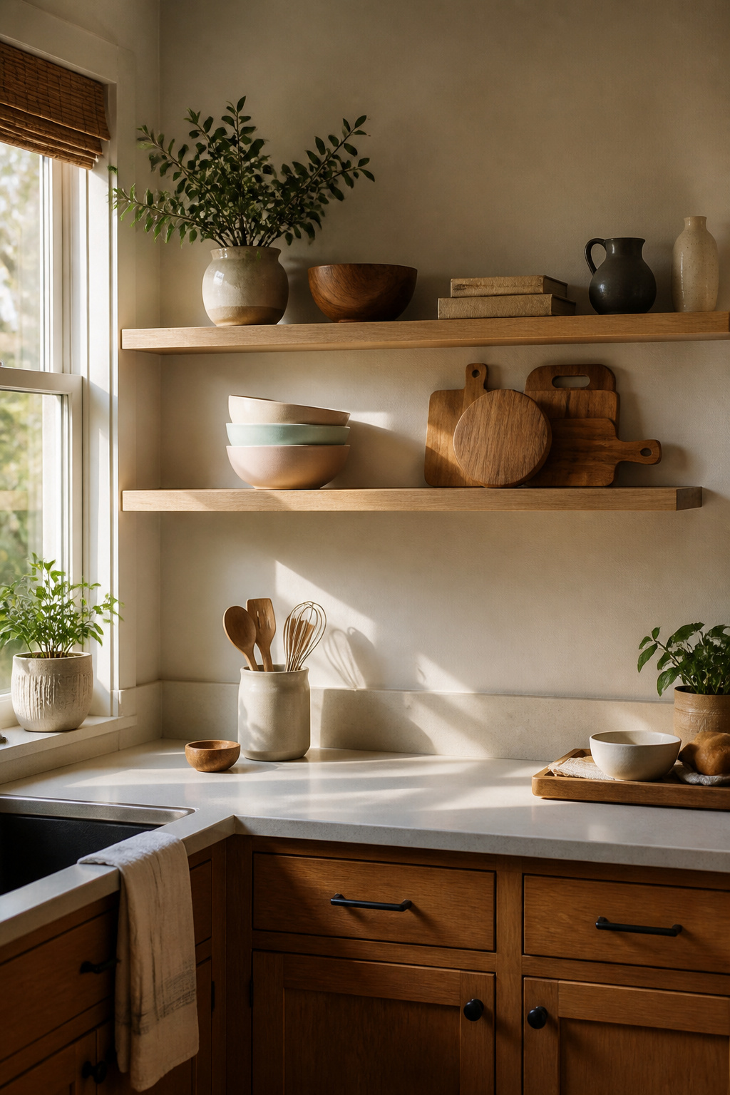 Open kitchen shelf with ceramic bowls and wooden cutting boards.