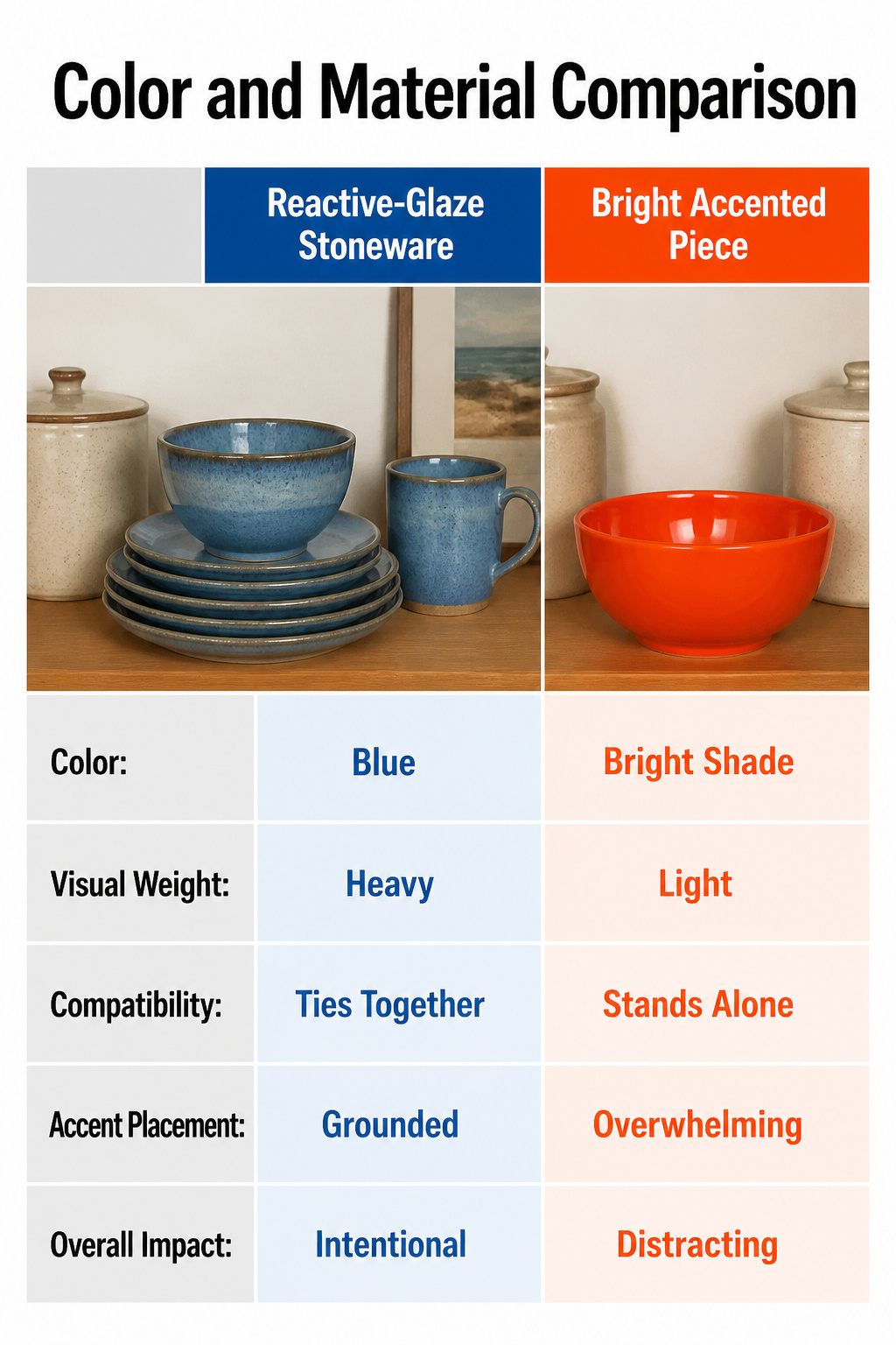 Colorful stoneware among neutral kitchen shelf items.