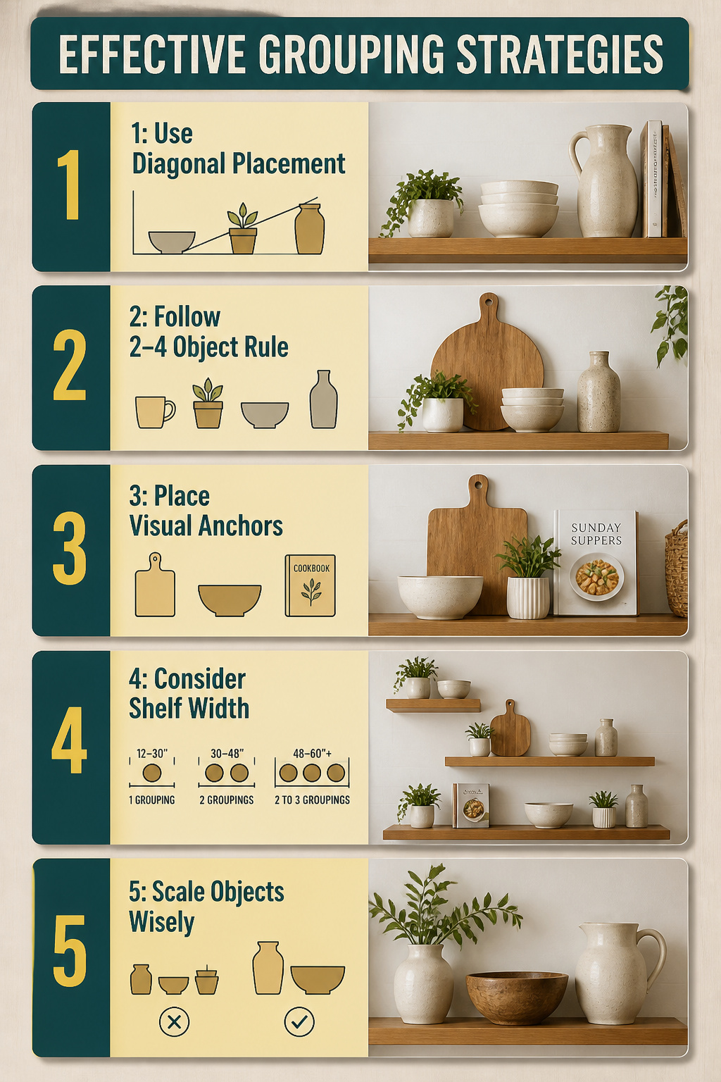 Kitchen shelves with staggered groupings and diagonal placements.