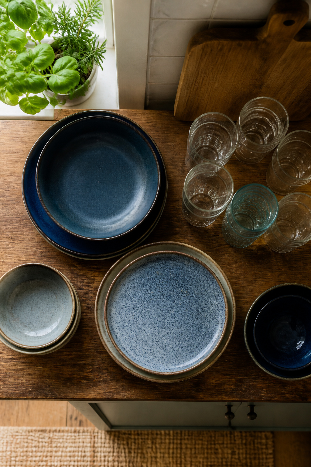 Stacked plates and bowls arranged on an open kitchen shelf.