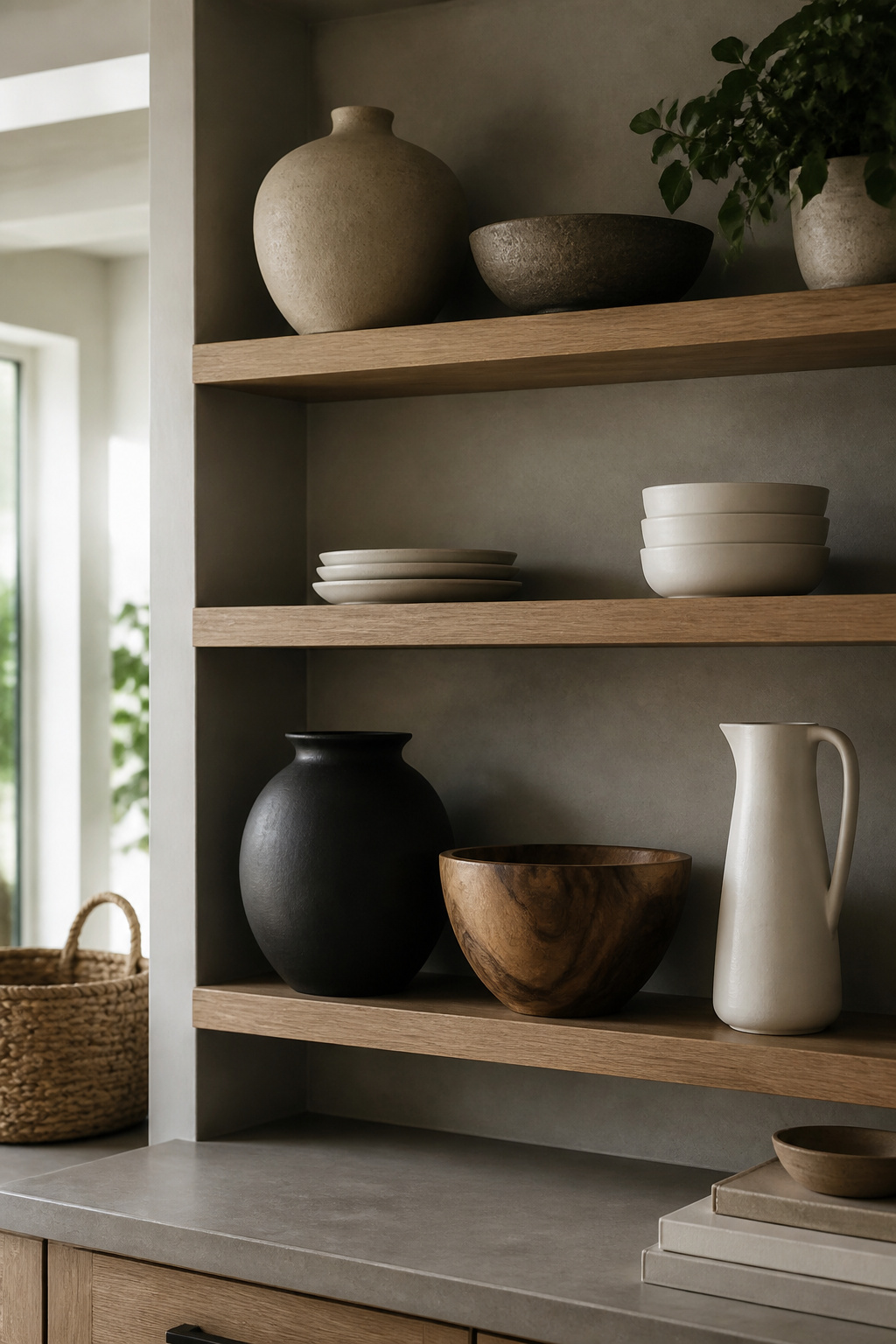 Kitchen shelf with a few carefully arranged decorative objects.