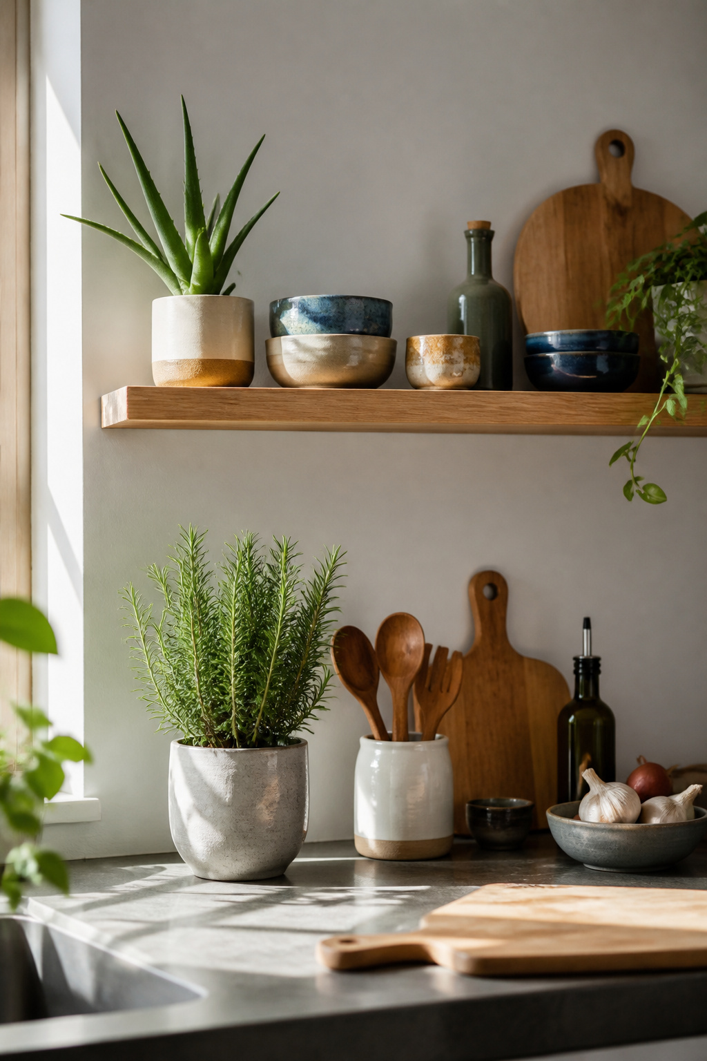 Potted aloe and rosemary plants on an open kitchen shelf.