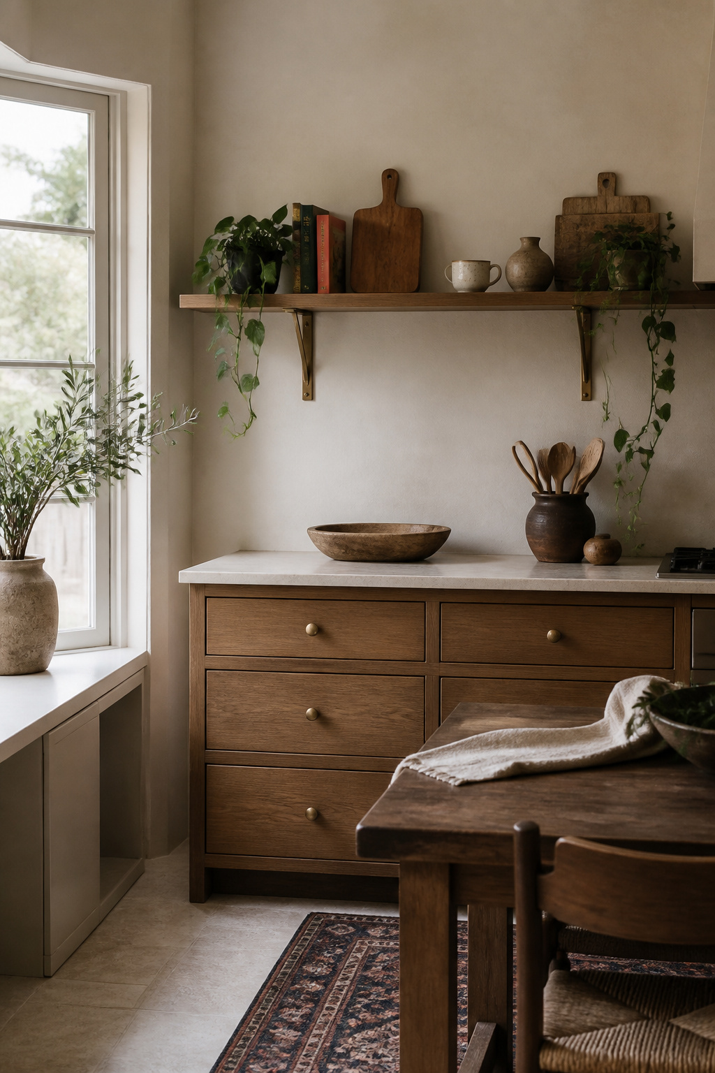 Cookbooks and cutting boards displayed on an open kitchen shelf.