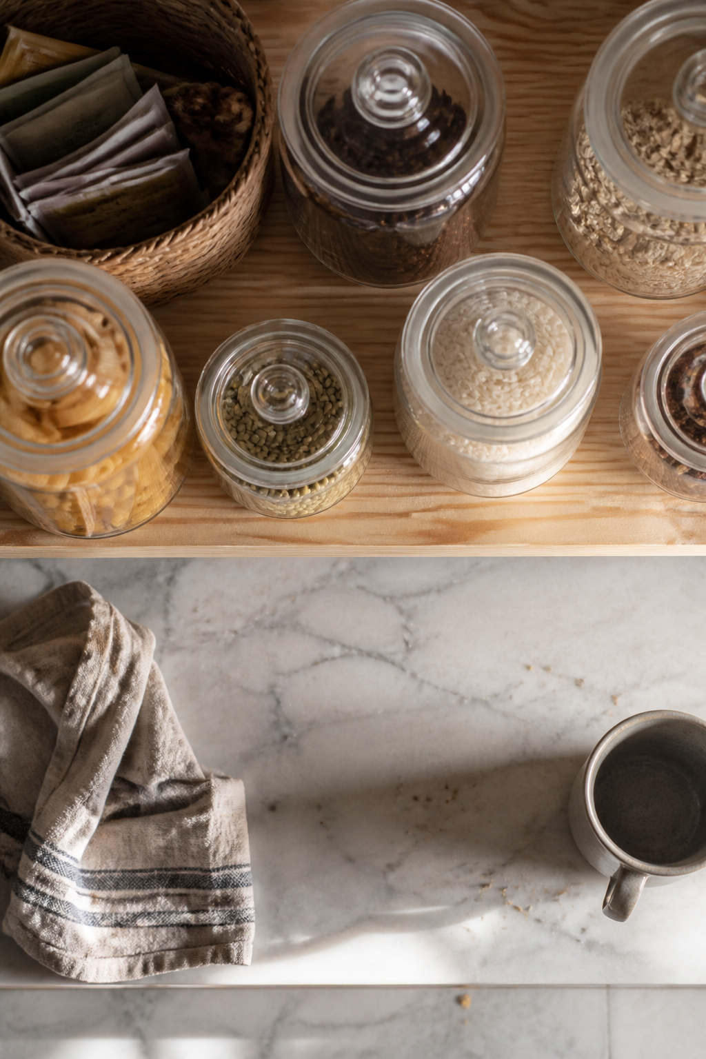 Baskets and glass containers organized on kitchen shelves.