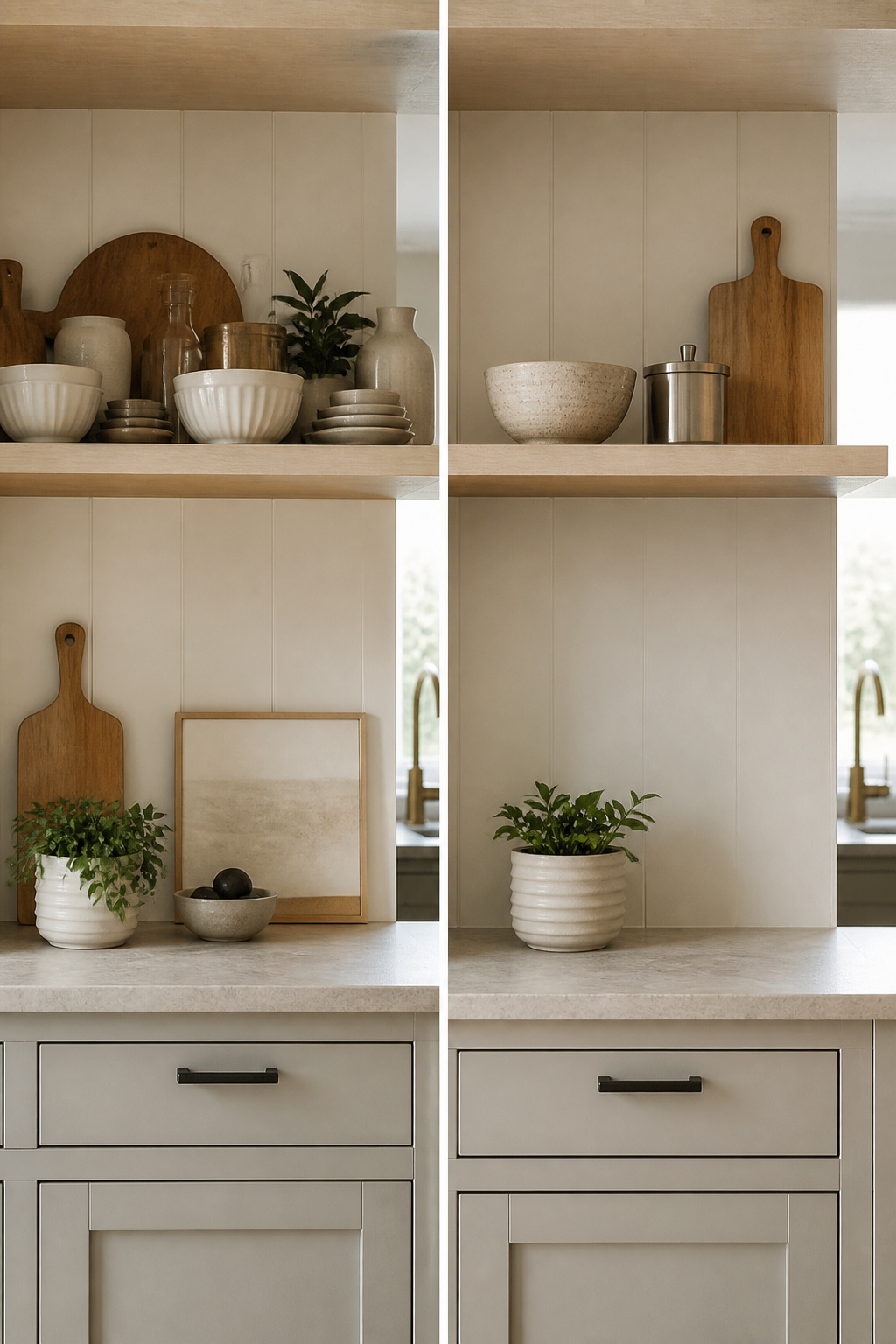 A kitchen shelf with a minimal arrangement of selected items.