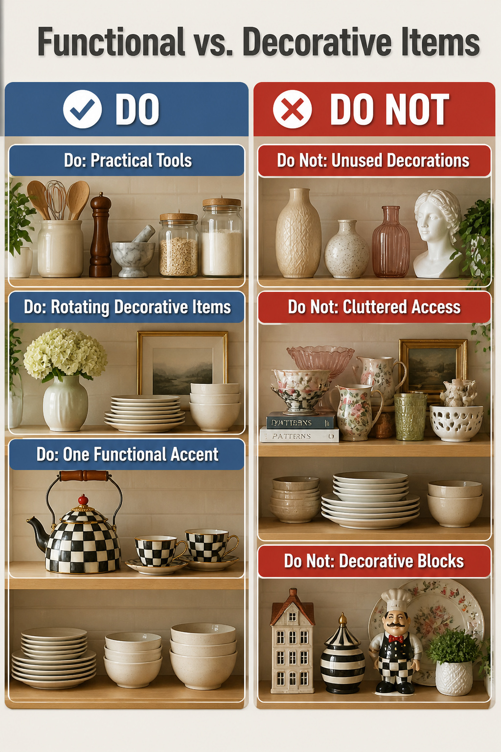 A mix of functional and decorative items on kitchen shelves.