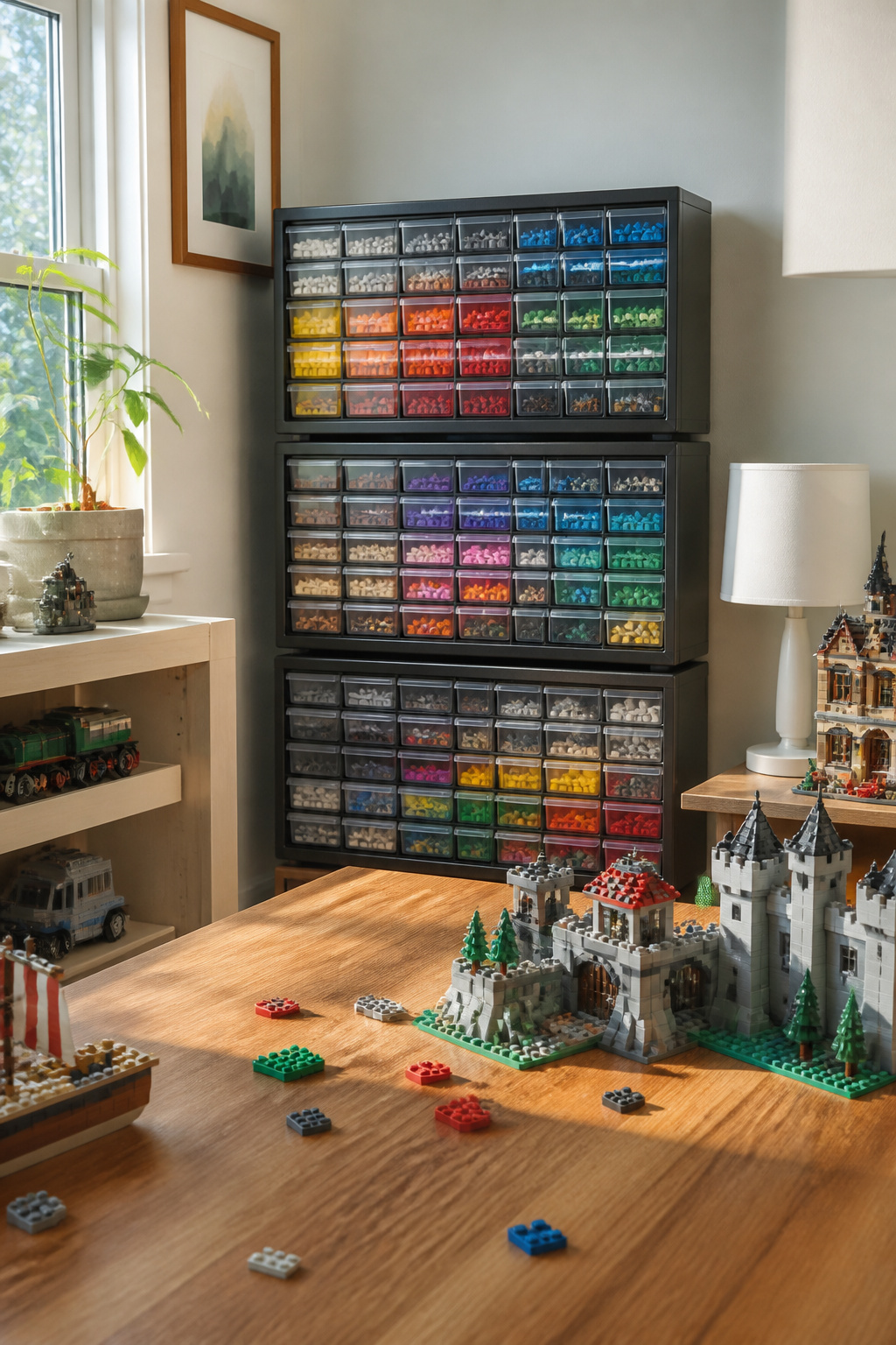 Stacked Akro-Mils 64-drawer units filled with sorted LEGO bricks.