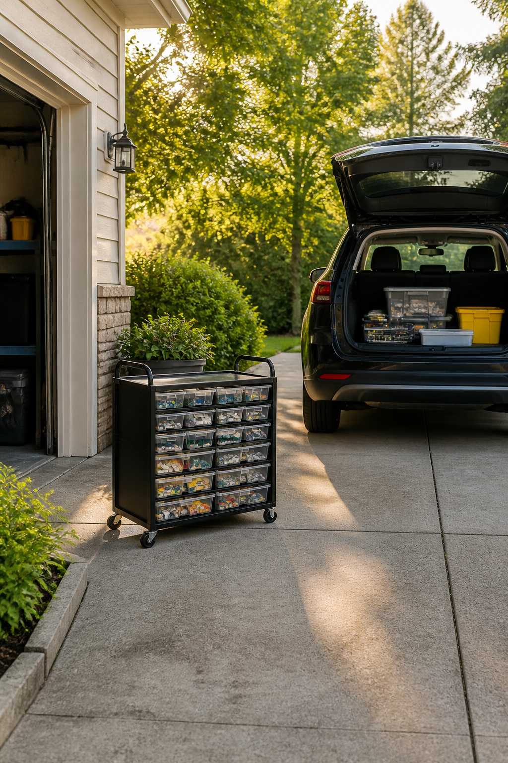 A tall rolling cart with multiple drawers for LEGO storage in transit.