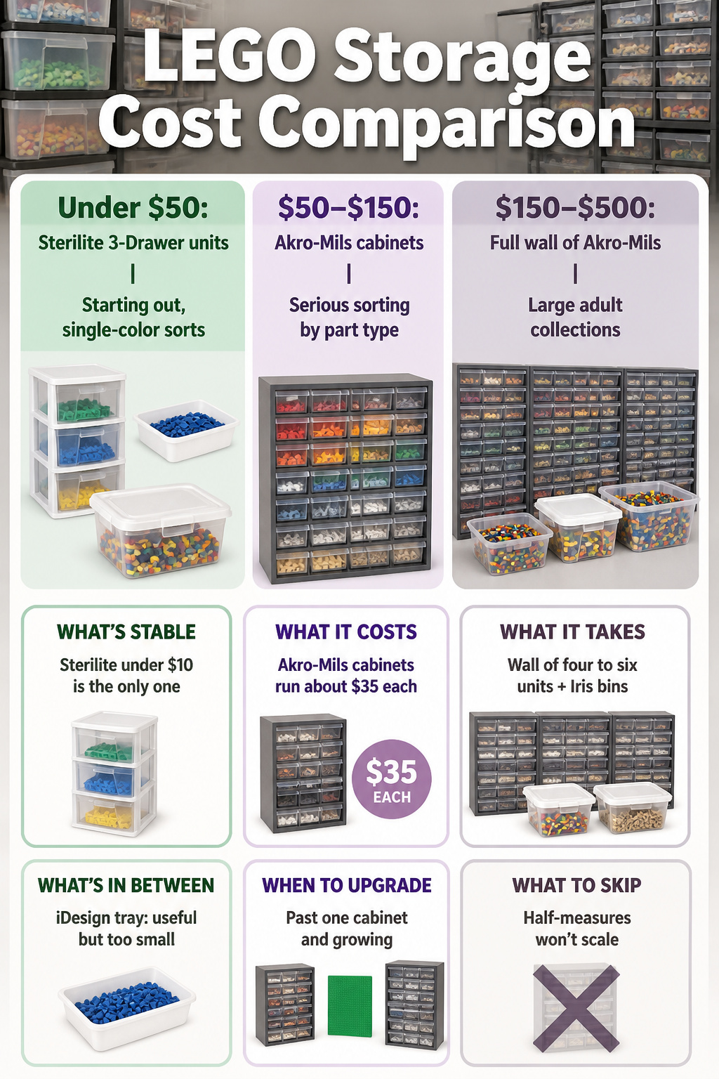 A comparison chart outlining LEGO storage options and their price ranges.