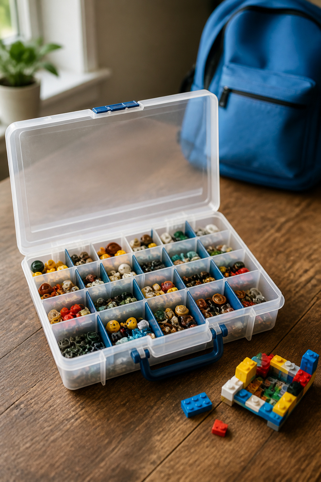 Two tackle boxes displaying compartments filled with various LEGO pieces.