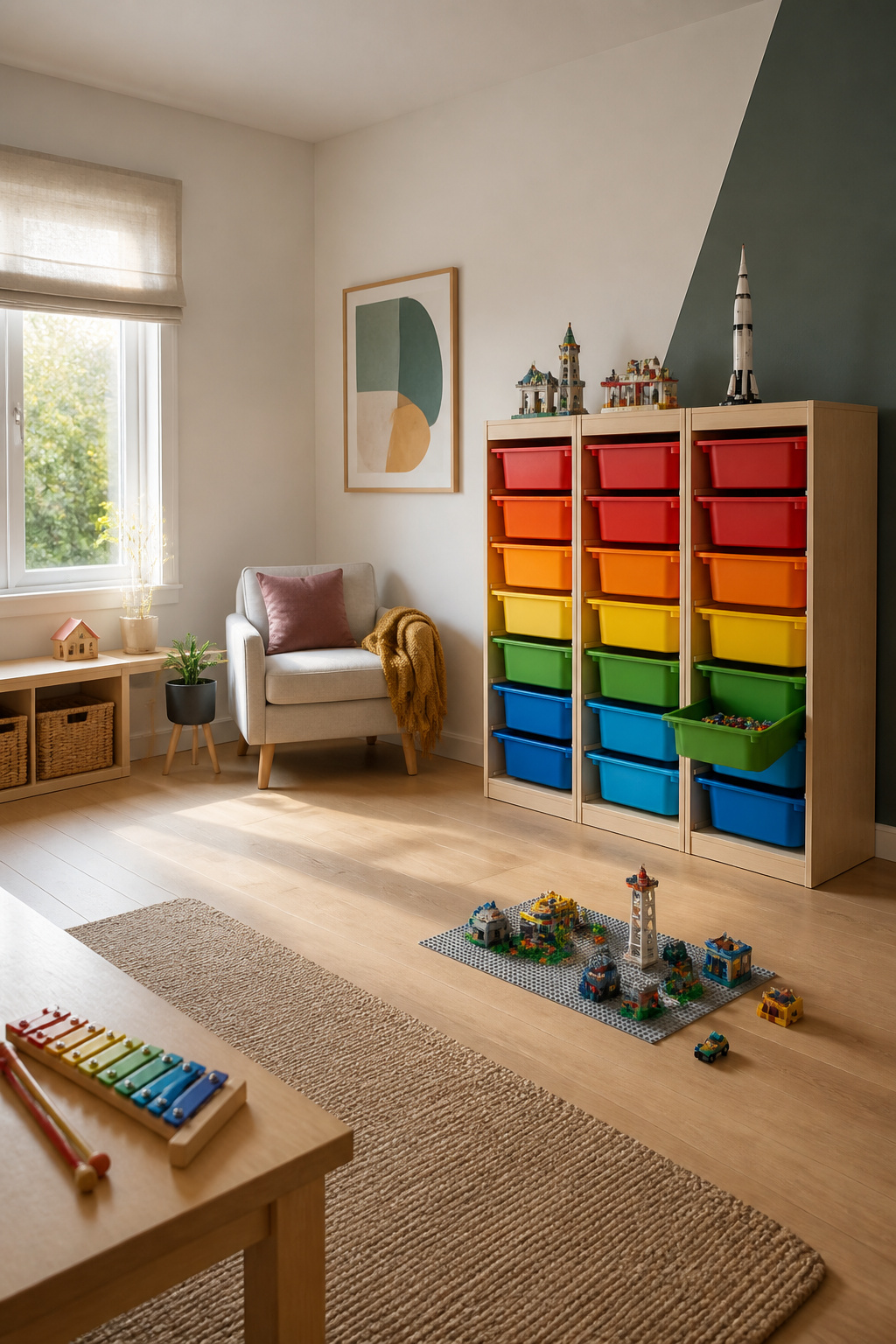 IKEA TROFAST storage system with colorful bins arranged in a playroom.