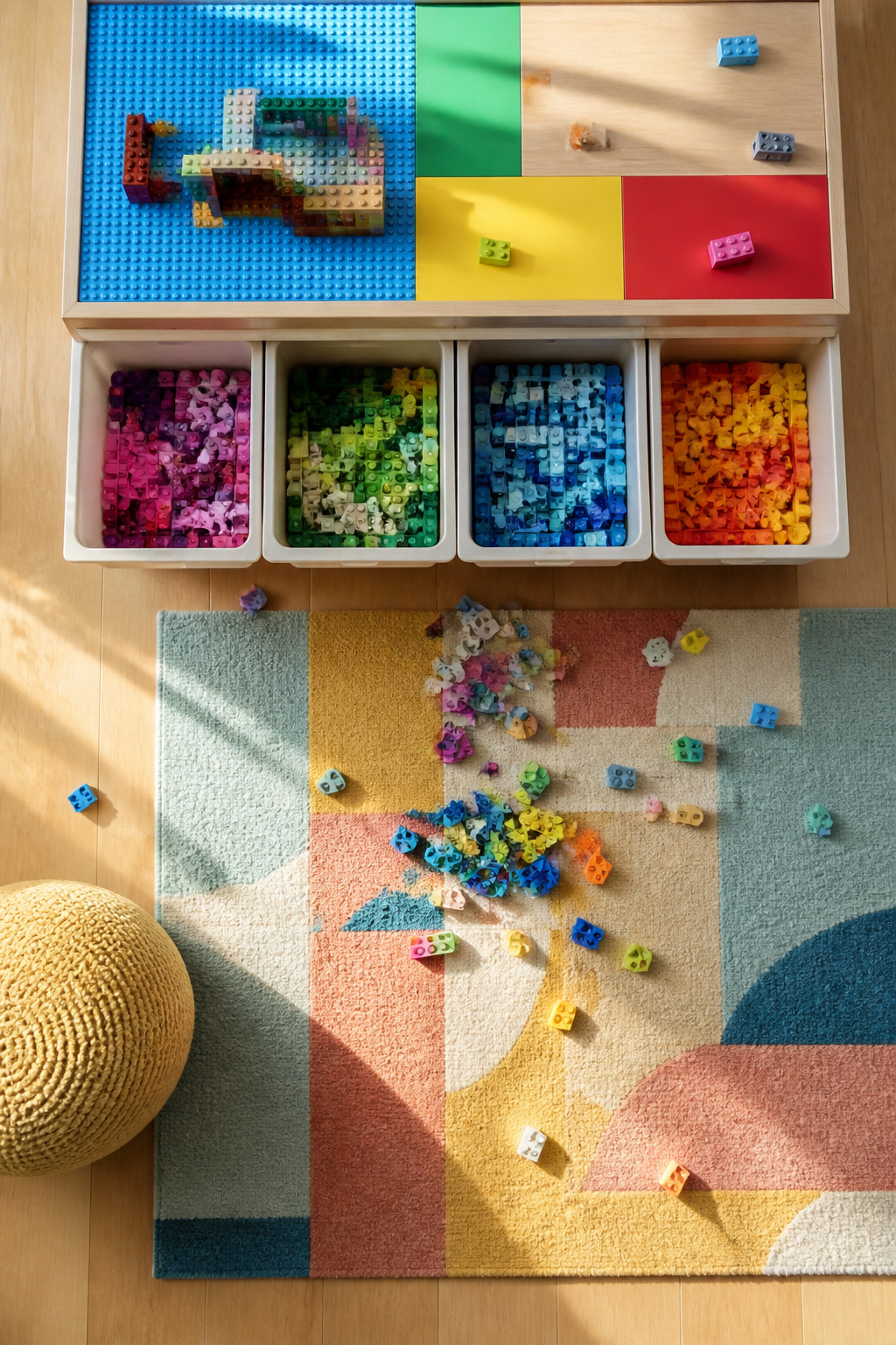 Shallow open bins filled with LEGO bricks for easy access and organization.