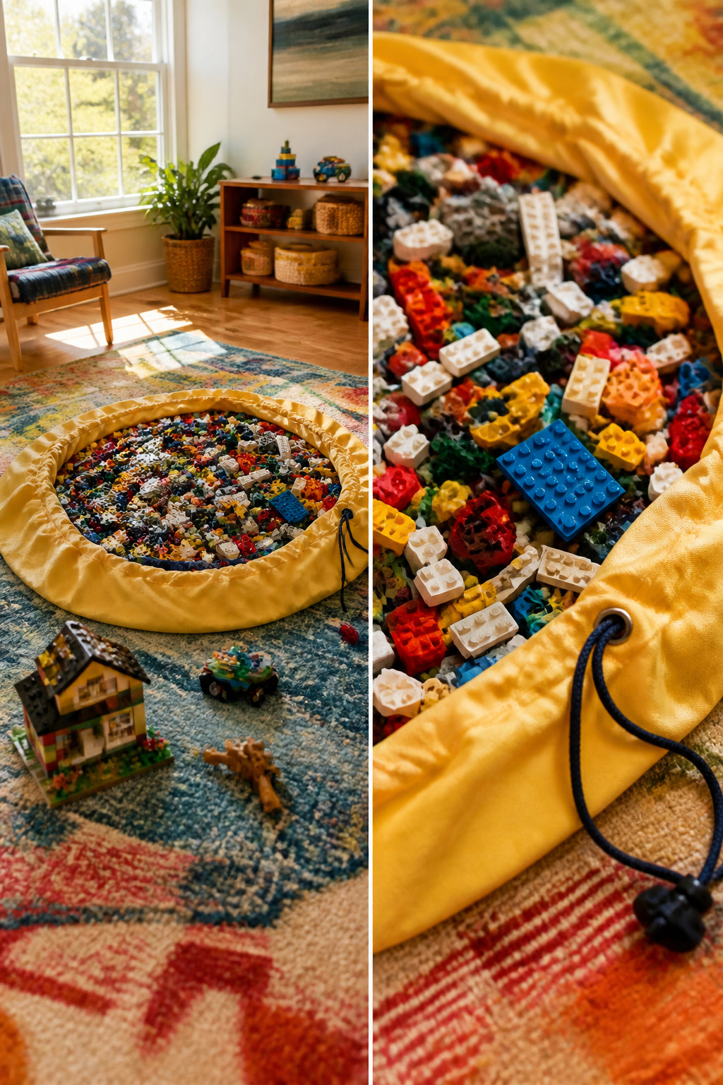 A large Swoop Bag laid out flat with LEGO bricks scattered on top.